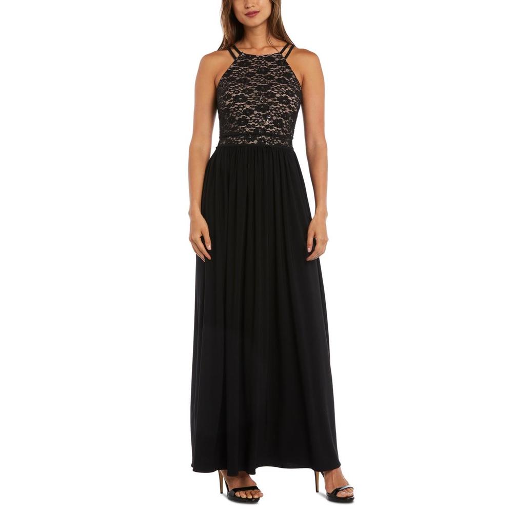 NW Nightway Womens Black Halter Sequin Evening Formal Dress Gown NWT
